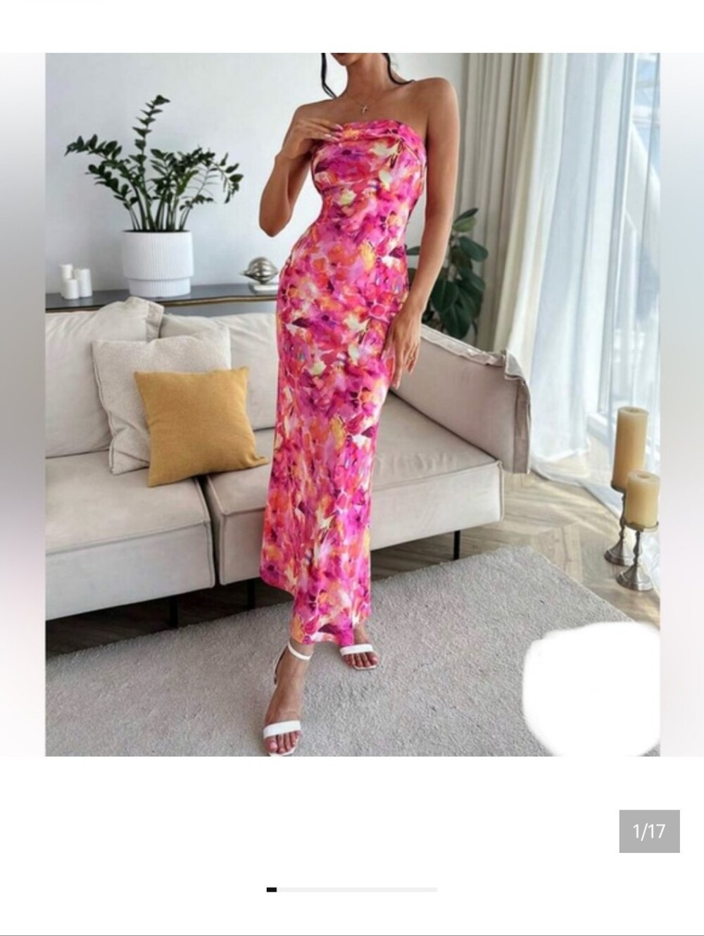 Shein hot pink tropical floral maxi strapless vacy dress size L